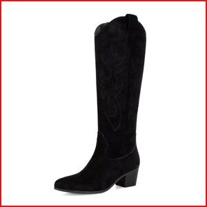 Knee High Suede Cowboy Boots with Embroidered Western Style Block Heel
